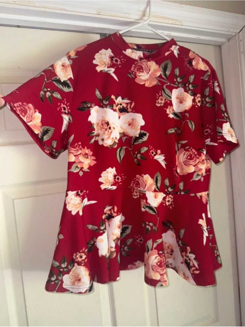 SHEIN Red Floral Peplum Tunic Top